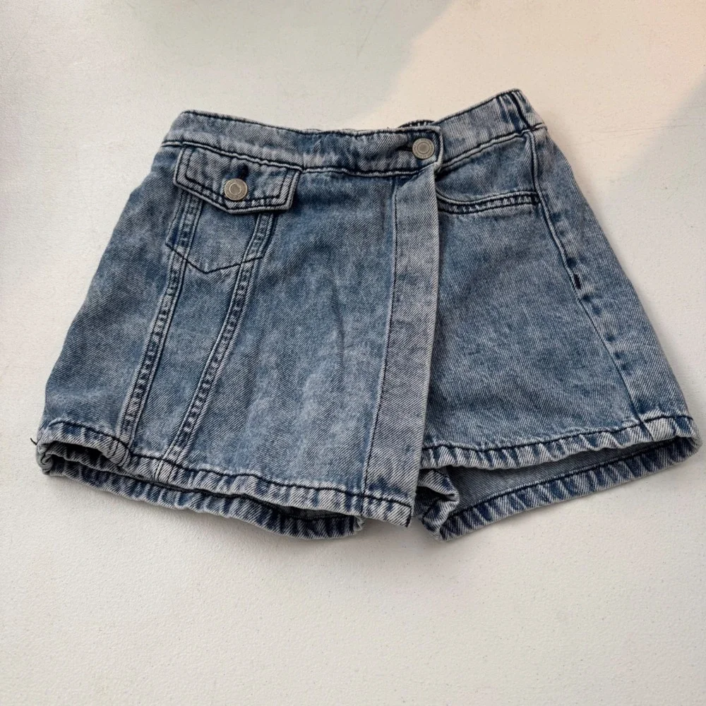 Girls 7 Acid Wash Denim Skort Light Blue‎ Wrap Front Stretch Comfort Retro